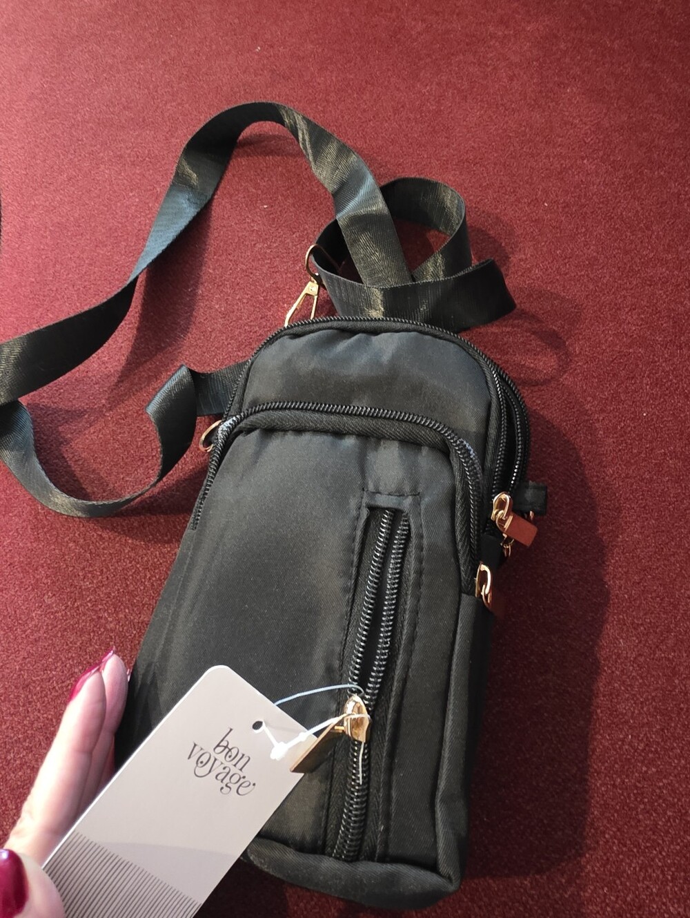 Travel Crossbody Bag, 4 Zipper Secured Compartment, Black, H:8" W:4" D:3" Unisex